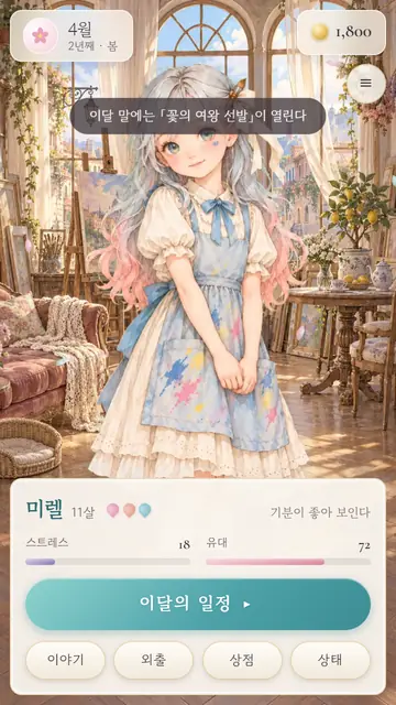 물빛 아틀리에 스크린샷: 4월의 아틀리에에 선 열한 살 미렐과 이달의 일정 단추