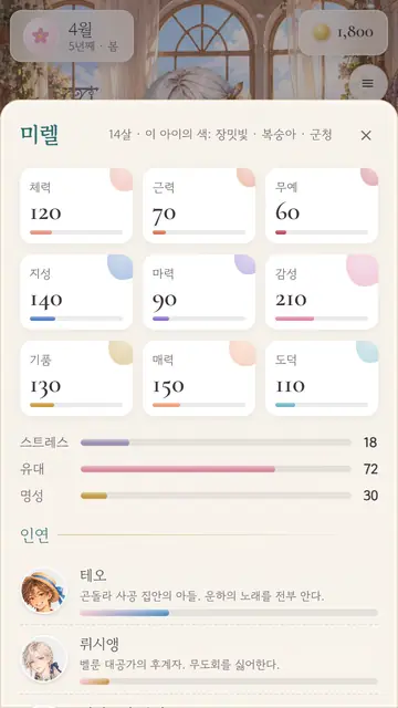 물빛 아틀리에 스크린샷: 아홉 가지 능력치가 물감 팔레트처럼 놓인 상태 화면과 인연 목록