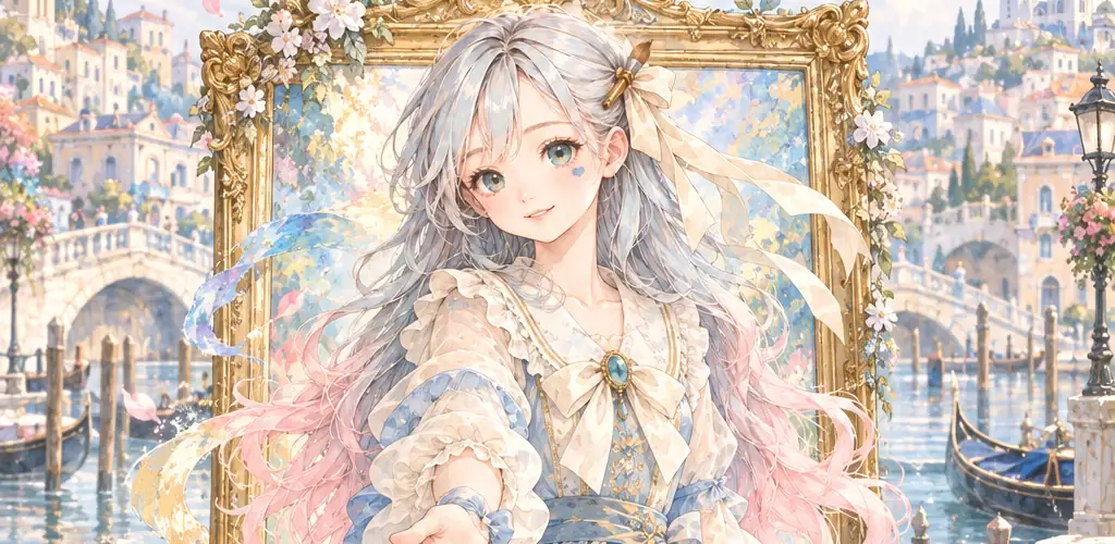 AQUARELLE: a girl reaching out of a gilded frame, with the canal city behind her