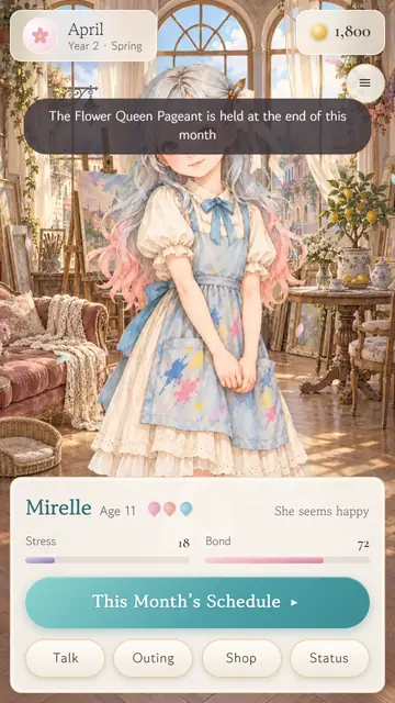 AQUARELLE screenshot: eleven-year-old Mirelle in the atelier in April, with the button for the month's schedule