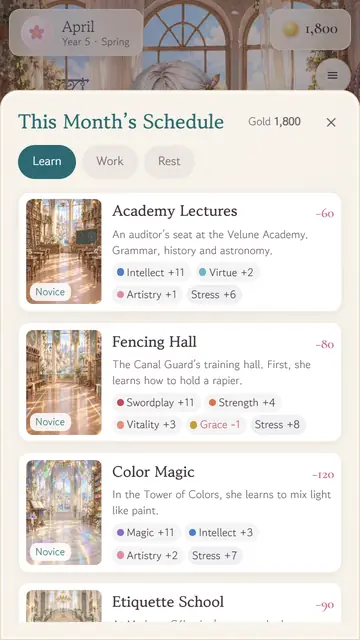 AQUARELLE screenshot: the month's schedule, with lesson, job and rest tabs and cards for the academy, the fencing hall and color magic