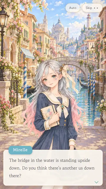 AQUARELLE screenshot: on a walk by the canal, Mirelle wonders whether there is another world in the bridge's reflection