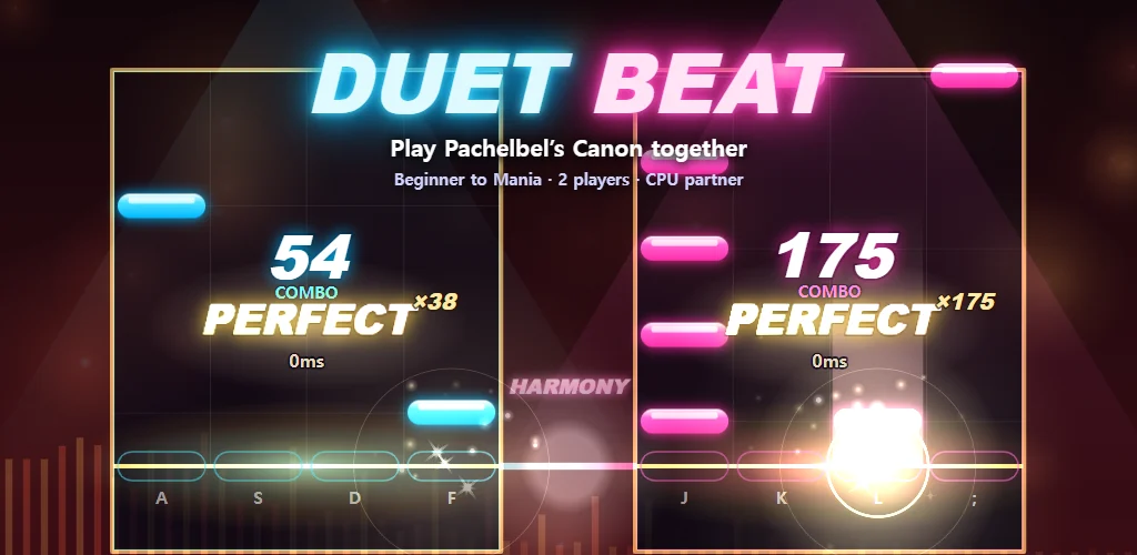 Duet Beat: the cyan 1P and pink 2P note highways side by side, golden PERFECTs over the lines and the HARMONY beam between them