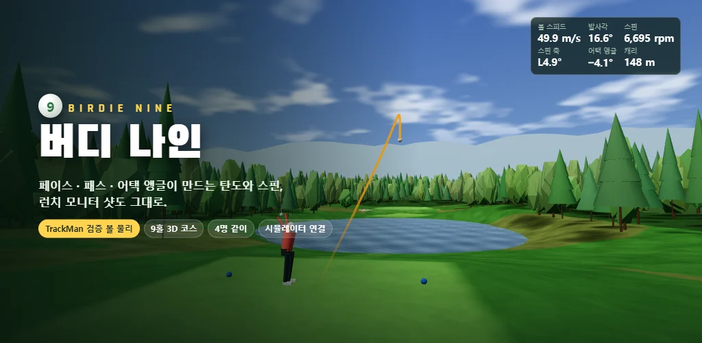 Birdie Nine: a ball tracer arcing over the pond toward the green, the golfer holding the finish, with ball speed, launch and spin readouts