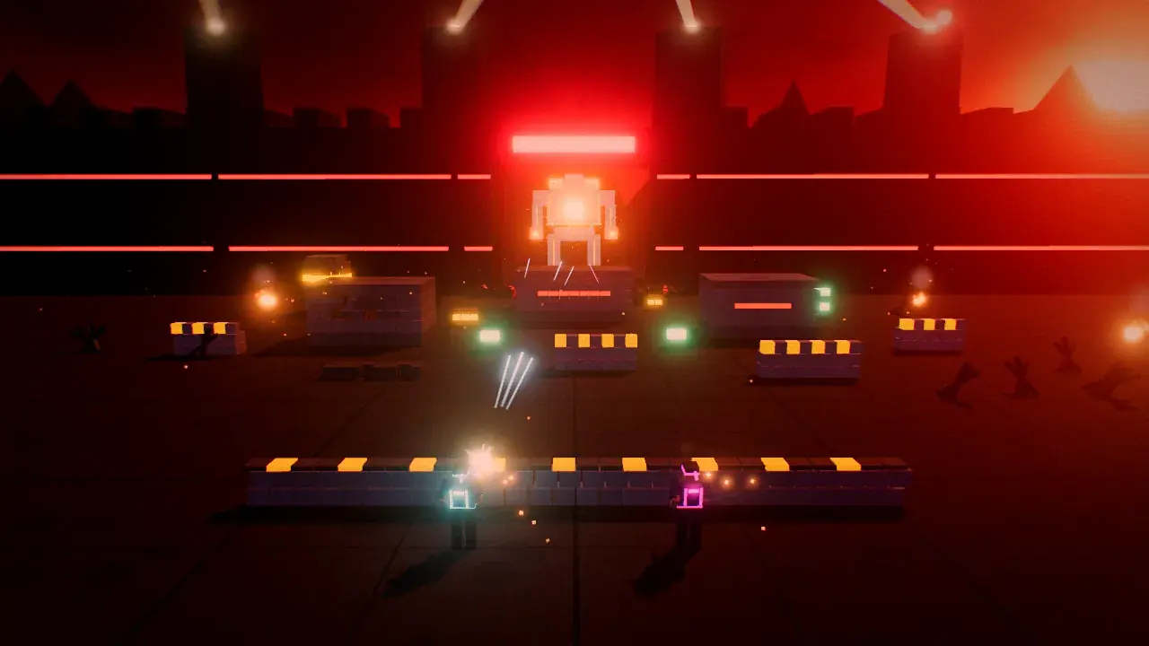 NEON BREACH 스크린샷: 강철 요새의 보행병기 GOLIATH와 싸우는 두 병사