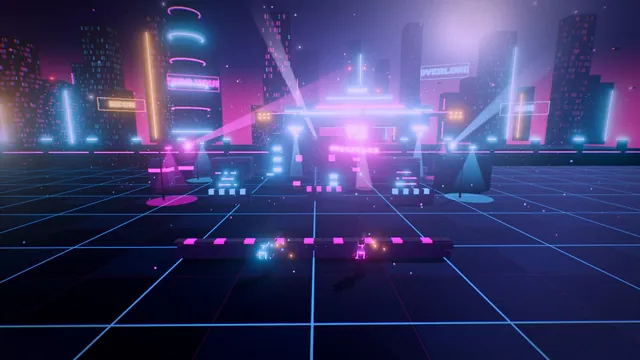NEON BREACH 스크린샷: 네온 도시의 광장 위에 뜬 공중요새 OVERLORD가 플라스마를 모으고, 두 병사가 엄폐벽 뒤에서 응사한다