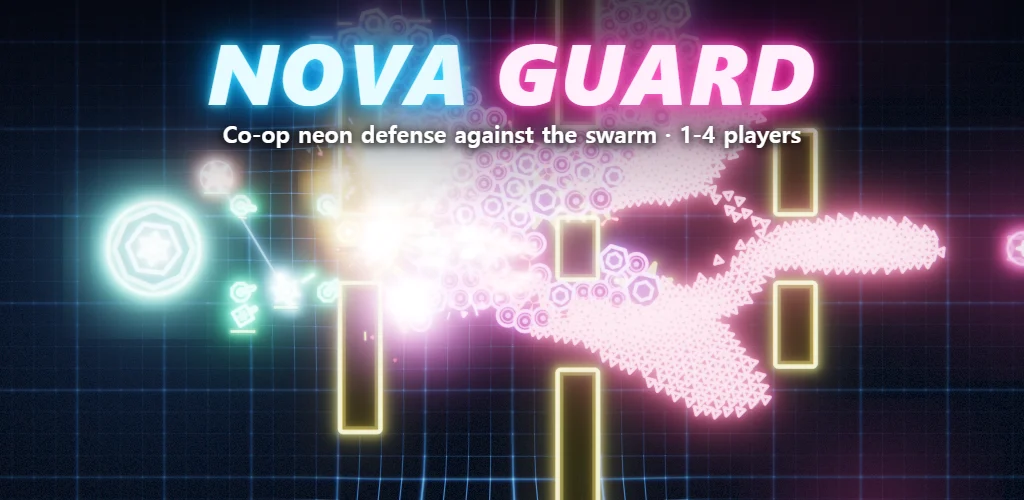 Nova Guard: rivers of pink neon enemies crash into the defense line in front of the core and burst apart in glowing explosions while turrets and heroes hold