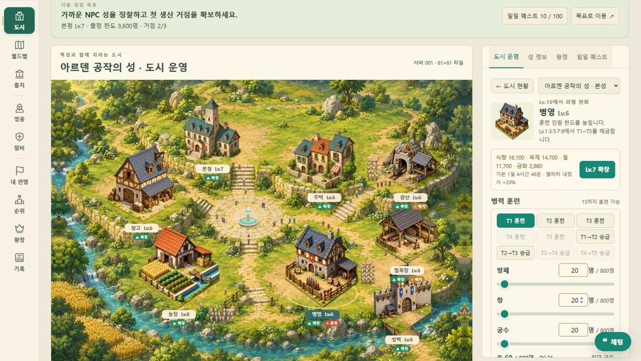 병영을 선택한 도시 화면: 오른쪽에 확장 비용과 T1~T3 훈련 슬라이더
