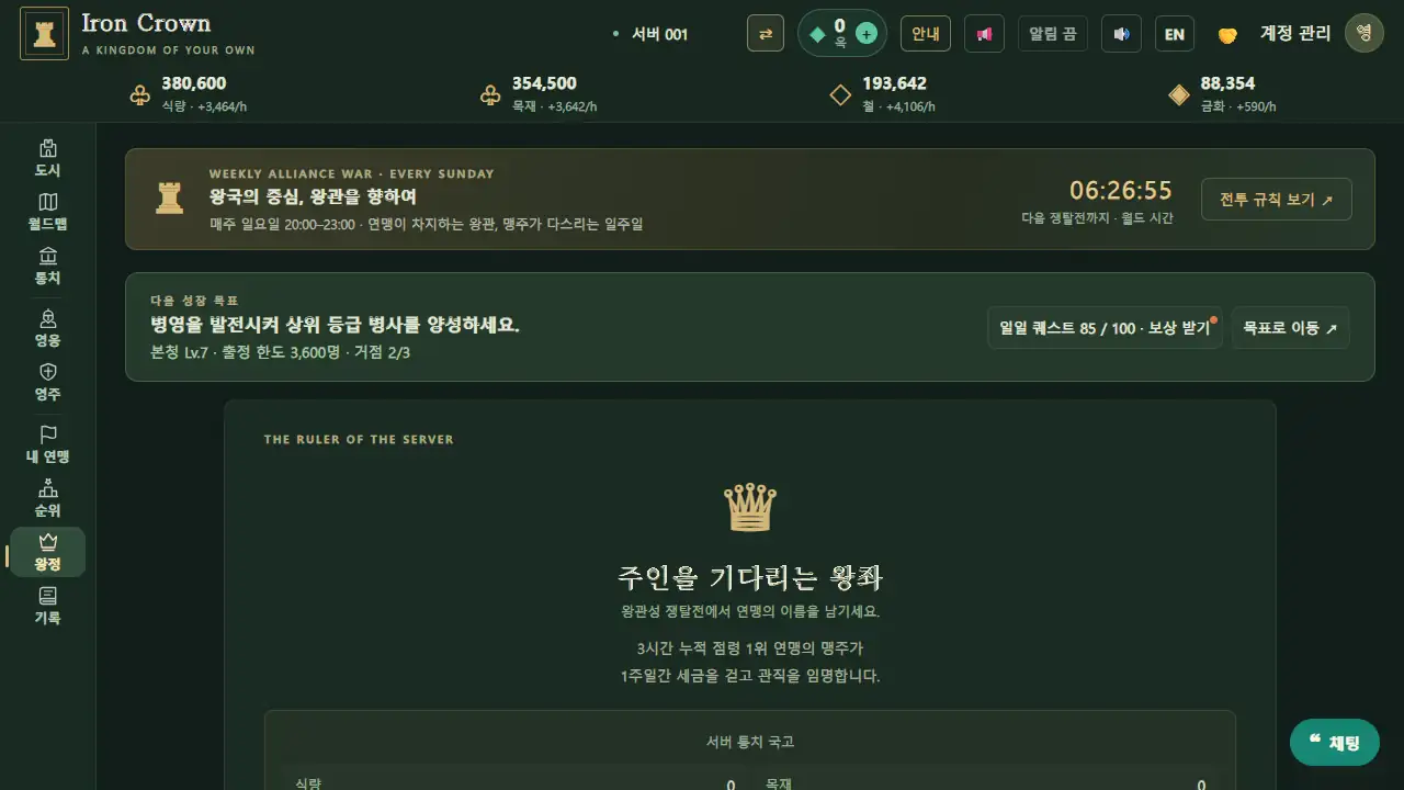 왕정 화면: 주인을 기다리는 왕좌와 서버 통치 국고