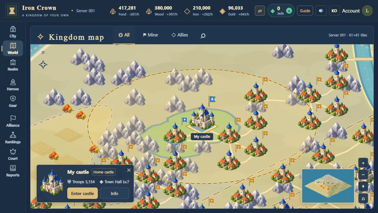 World map: castles scattered among mountains and rivers, with your castle in the middle