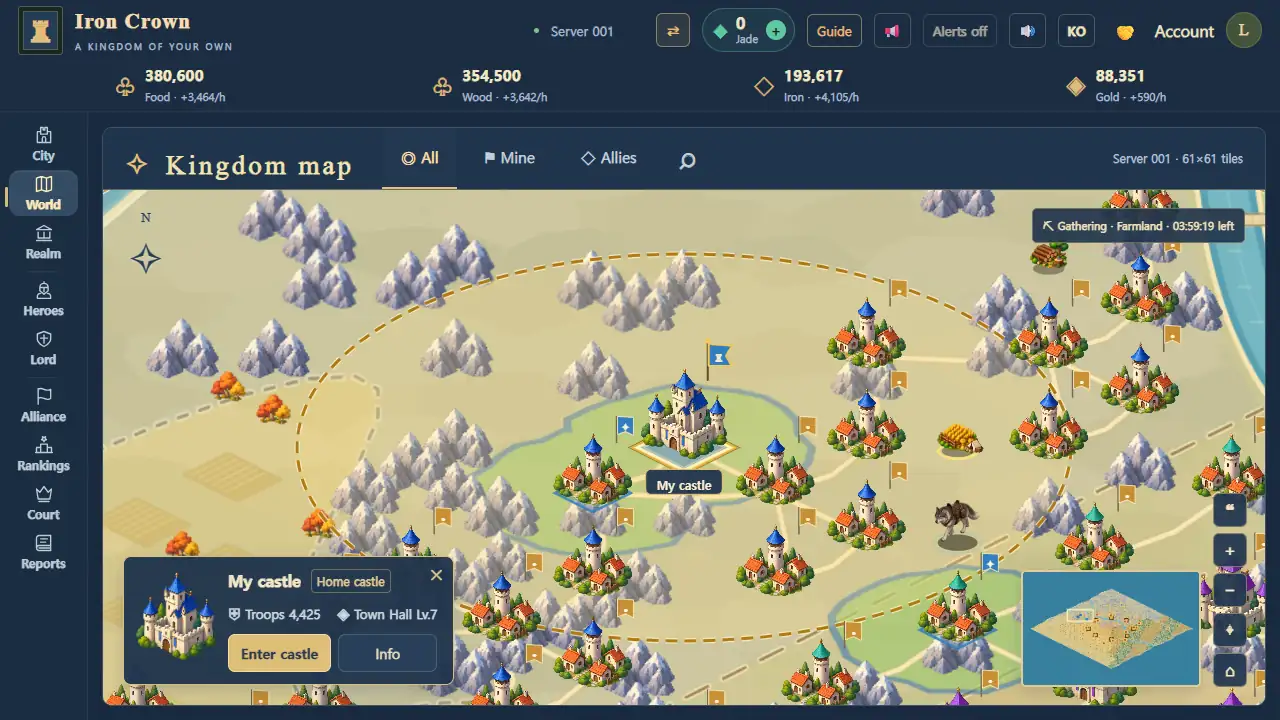 World map: NPC castles and outposts around your castle, an Ash Wolf and gathering spots