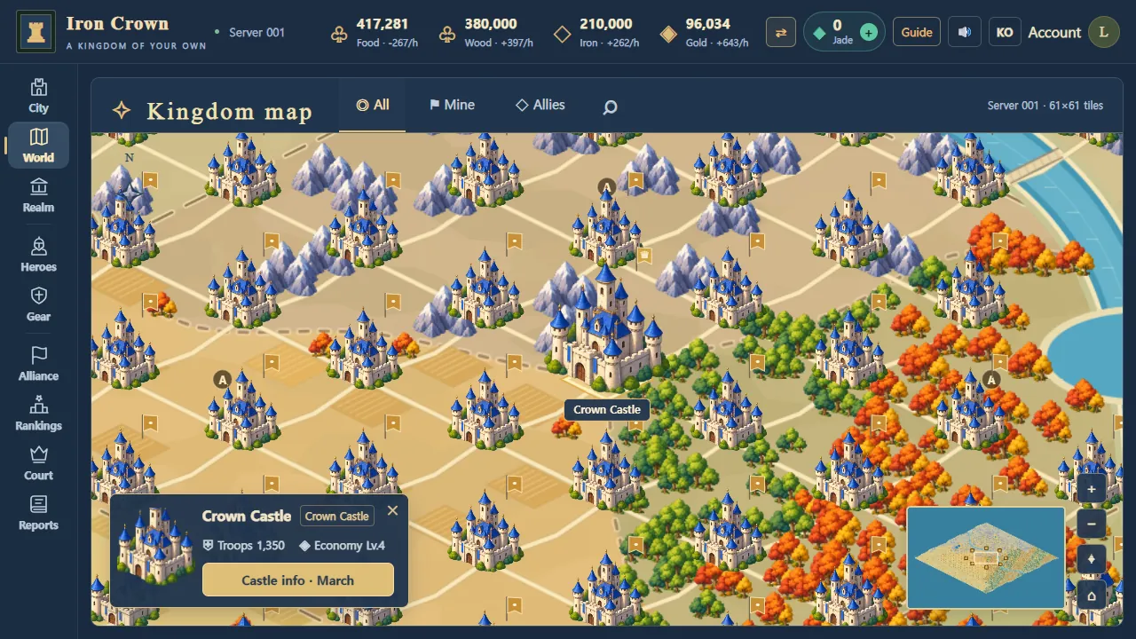 The Crown Castle at the center of the world map, with an info panel showing the next opening time and each alliance’s total hold time