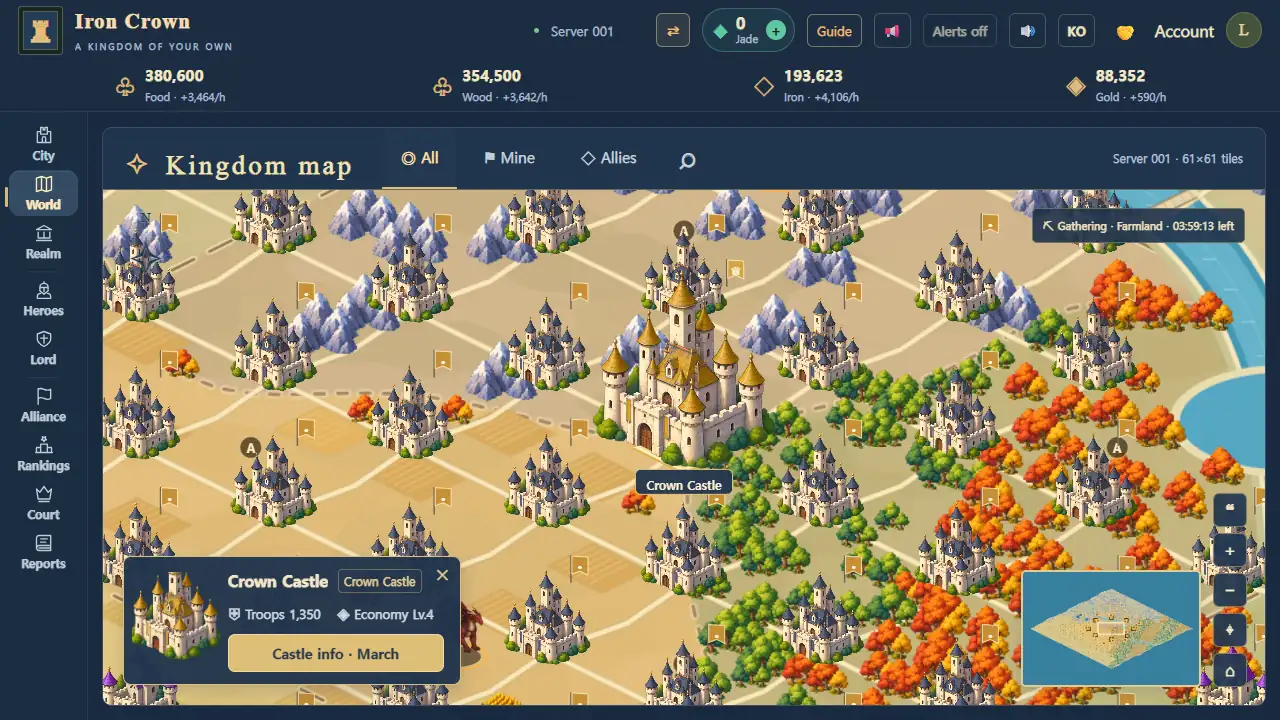 The Crown Castle at the center of the world map, selected