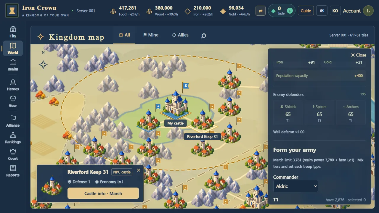 March panel for an NPC castle: distance, arrival time, garrison toggle, the Attack and capture button and alliance rally