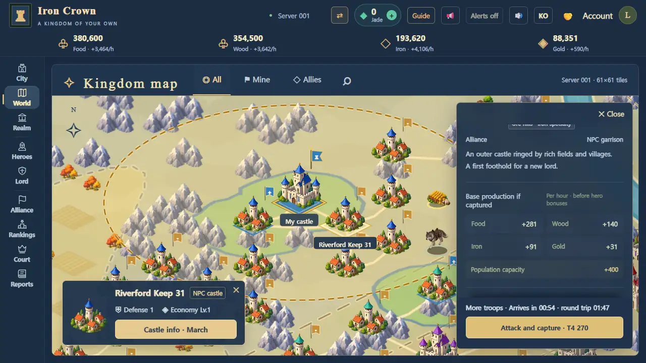 March panel for an NPC castle: economy and defense level, production if captured, the head-count forecast with arrival and round-trip times, and the Attack and capture button