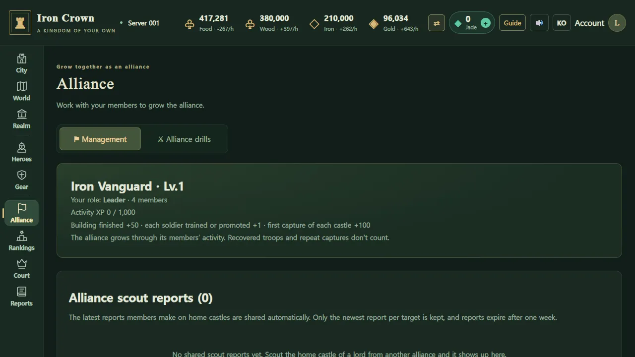Alliance screen: alliance level and experience, scout reports, join requirements
