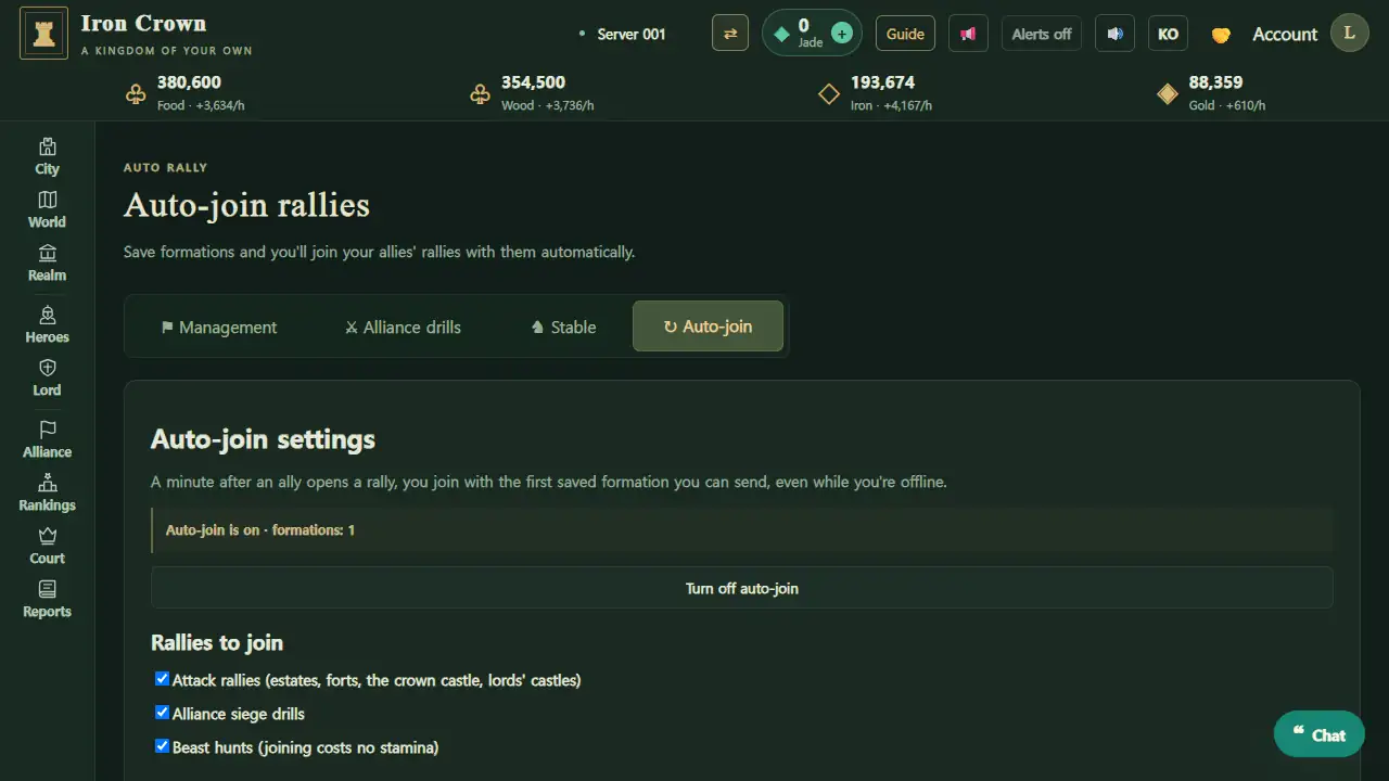 Alliance › Auto-join: auto-join on with 1 formation, and which rallies to join (attack rallies, alliance siege drills, beast hunts)