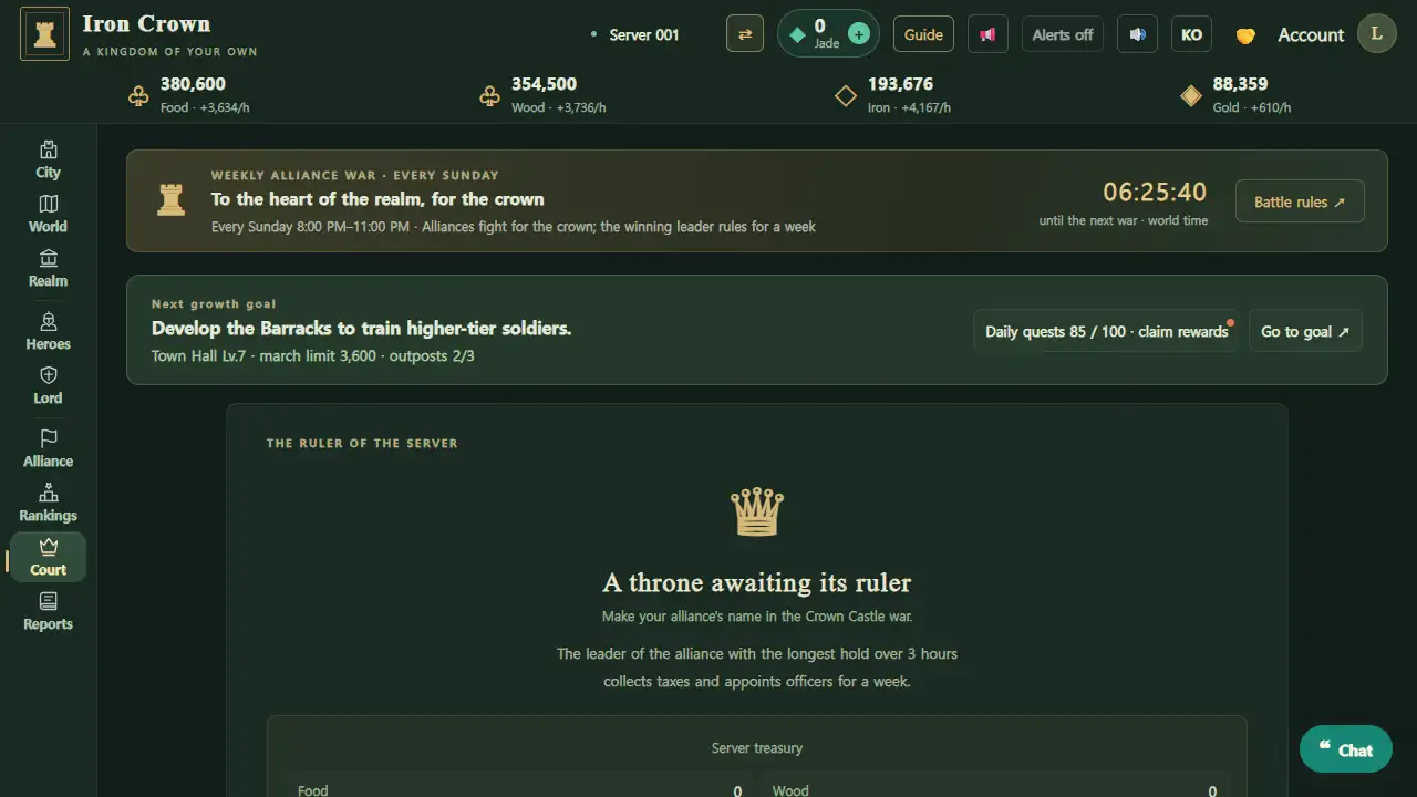 Court screen: an empty throne awaiting its ruler and the server treasury