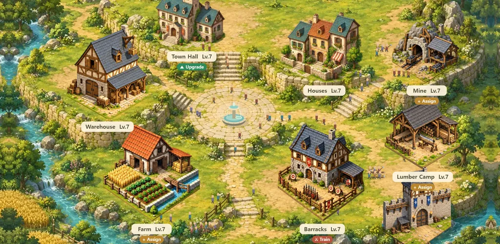 Iron Crown: town hall, houses, warehouse, farm, barracks, mine, lumber camp and walls inside a castle ringed by a river