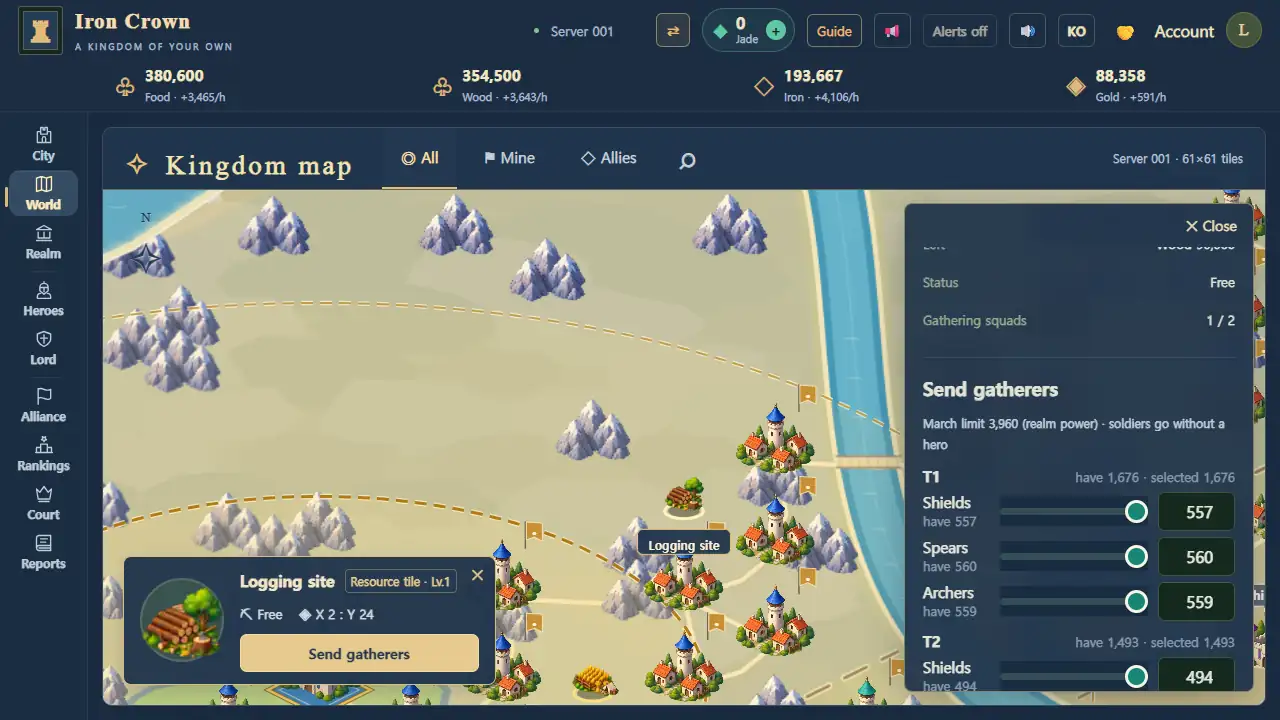 World map with a logging site selected: status, gathering squads and the Send gatherers troop picker