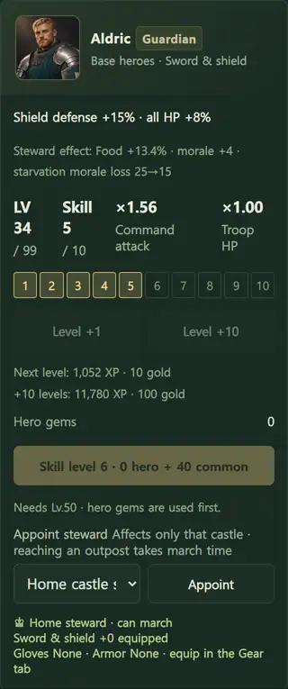 Hero card: Aldric at LV 34 with skill rank 5, command attack multiplier, steward effect and steward appointment
