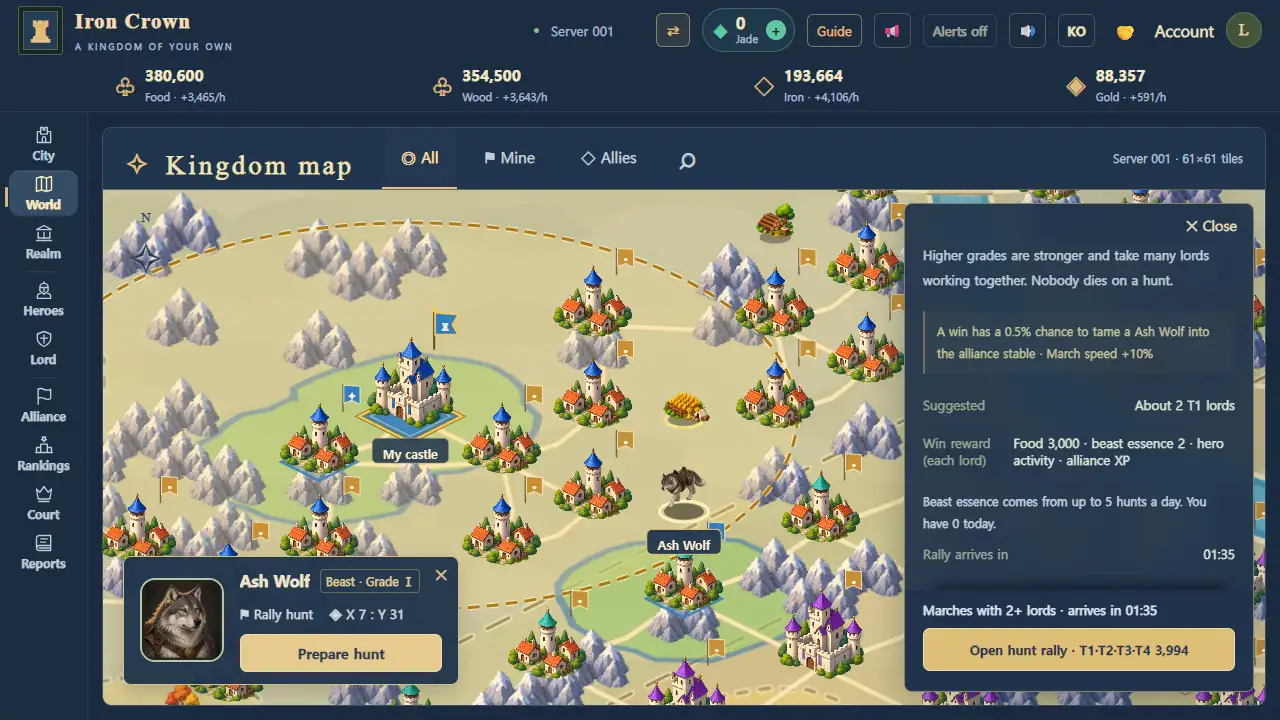 World map with an Ash Wolf selected: the hunt panel’s suggested head count, win rewards (food, beast essence), lord stamina and the Open hunt rally button