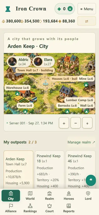 Mobile city screen: resource bar at the top and tab menu at the bottom