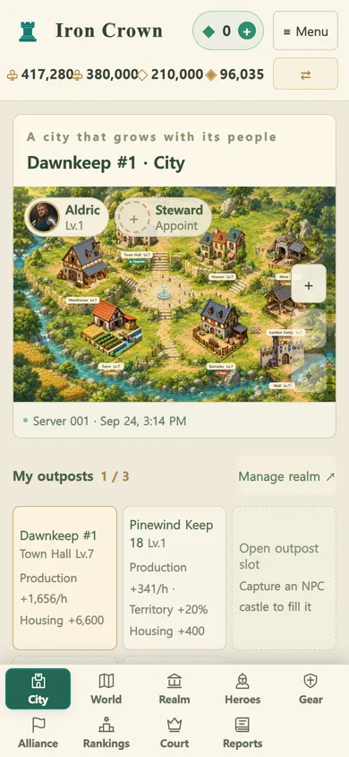 Mobile city screen: resource bar at the top and tab menu at the bottom