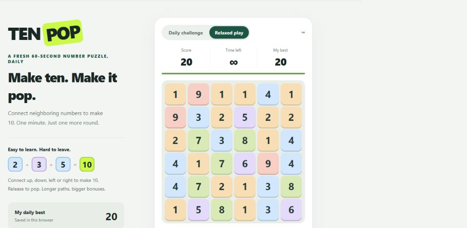 TENPOP: connect colorful number tiles to make ten in a daily puzzle