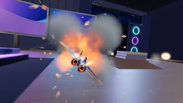 TOYBORNE screenshot: an enemy plane hit by a homing missile bursts into fire and debris just ahead of the toy fighter
