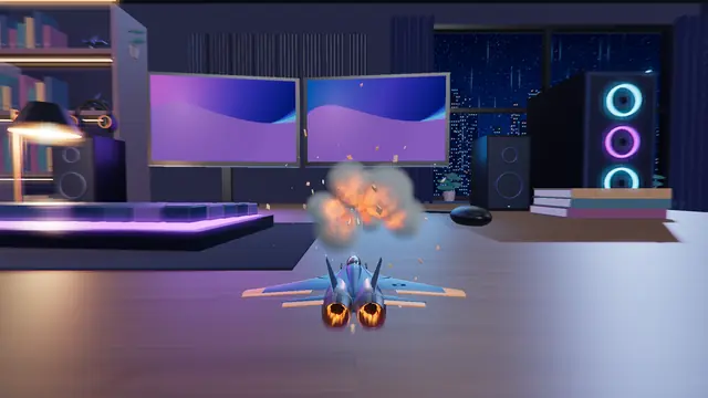 TOYBORNE screenshot: over a desk with two monitors and a neon PC, an enemy plane explodes under gunfire