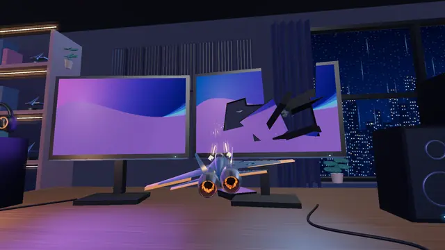 TOYBORNE screenshot: the fighter flies through the pieces of a monitor screen shattered by a missile