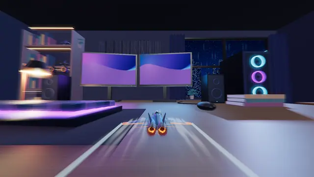 TOYBORNE screenshot: the fighter on afterburner streaks low across the desk, trailing vapor