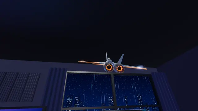 TOYBORNE screenshot: the fighter banks hard in front of a window over a rainy city at night