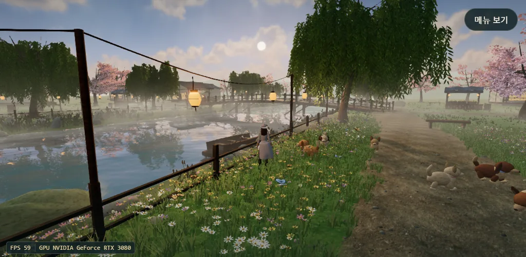 Yeoul — Sunset by the River: a riverside path with flowers and puppies, a wooden bridge and willow trees